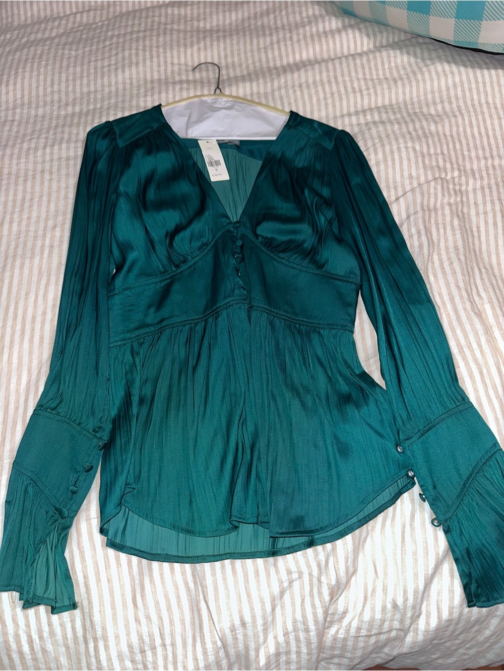 Anthropologie Teal Satin V-Neck Button-Front Blouse